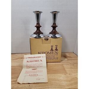 Vintage Kromex Teakwood & Metal Taper Candlestick Holders 4.5" MCM USA In Box